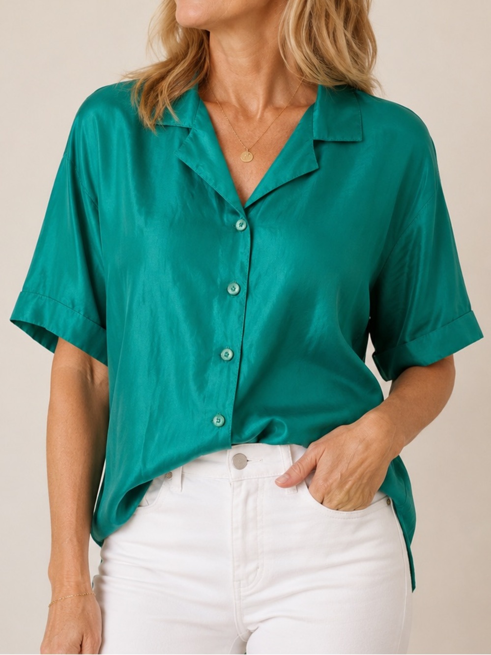 Vintage Serena 100% Silk Teal Button Front Blouse Women’s Small Short Sleeve